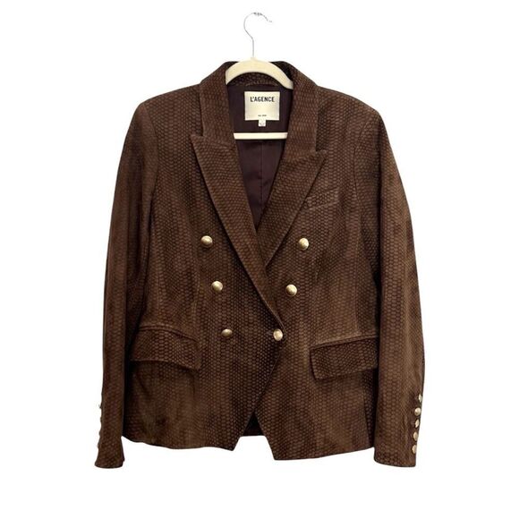 L'AGENCE $1595 Kenzie Double Breasted Leather Blazer in brown suede - Picture 9 of 15